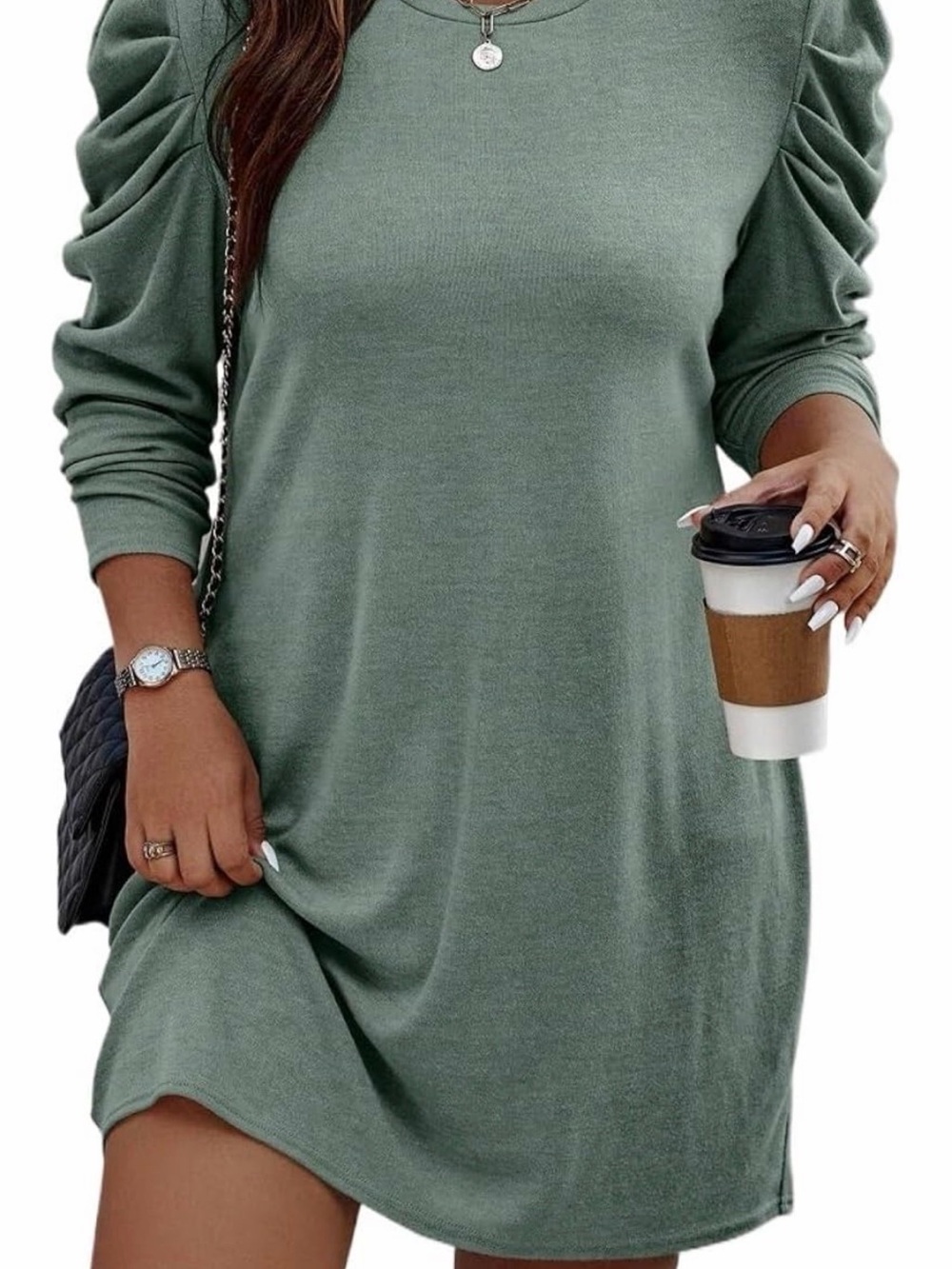 SHEIN Sage Green Ruched-Shoulder Midi Sweater Dress
